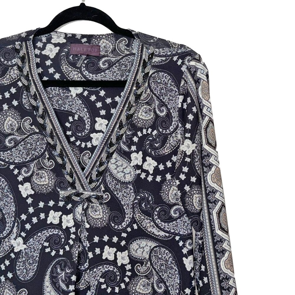 Hale Bob Black & White Paisley V-Neck Beaded Dress - Size M - New with Tags
